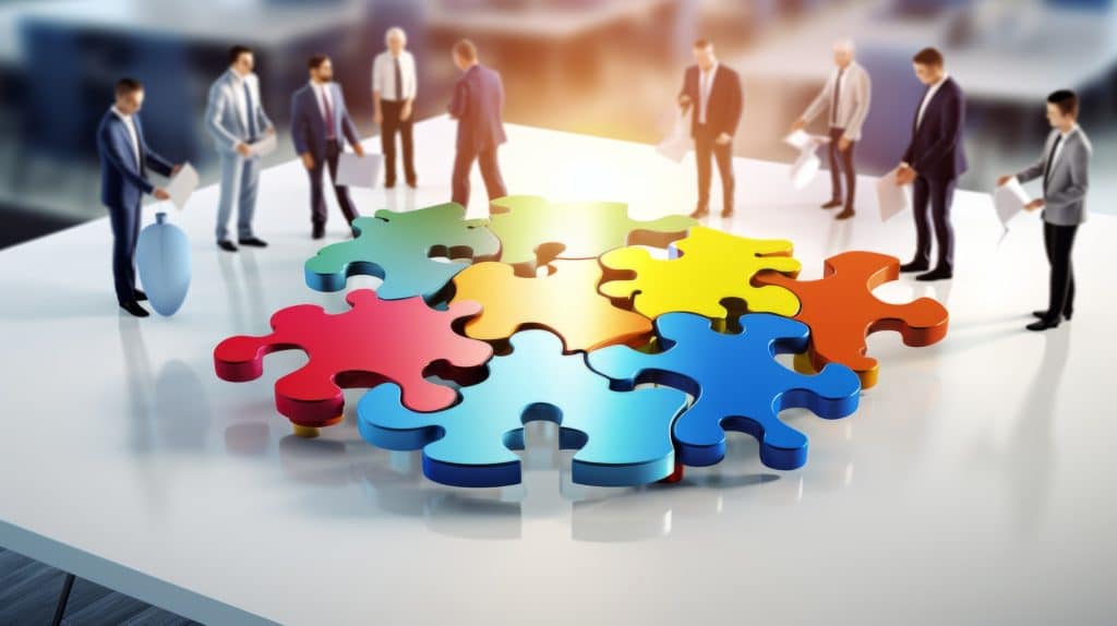 Businessscenefivepuzzlepieceseachpuzzlepiecerepresentsakeysolutionforbusinessgrowthcommunicationinnovationefficiencyteamworkanddataanalysisbusinessstrategyconcept